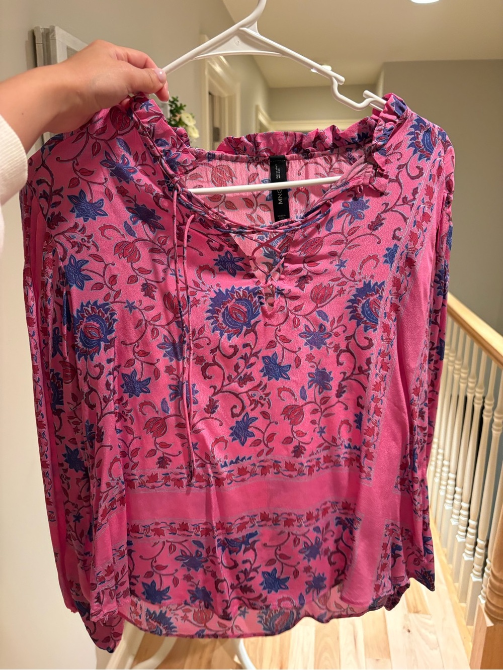 Mango Pink Floral Lace-Up Boho Blouse